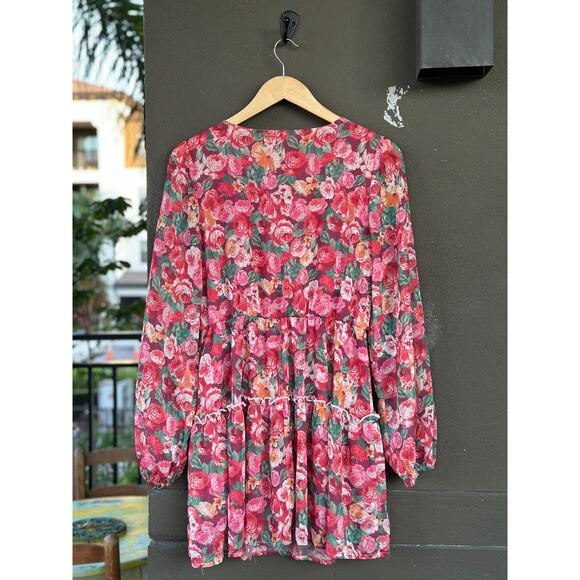 Peach Love California Feminine Chic Pink Floral Long Sleeve Mini Dress Medium - Picture 4 of 7